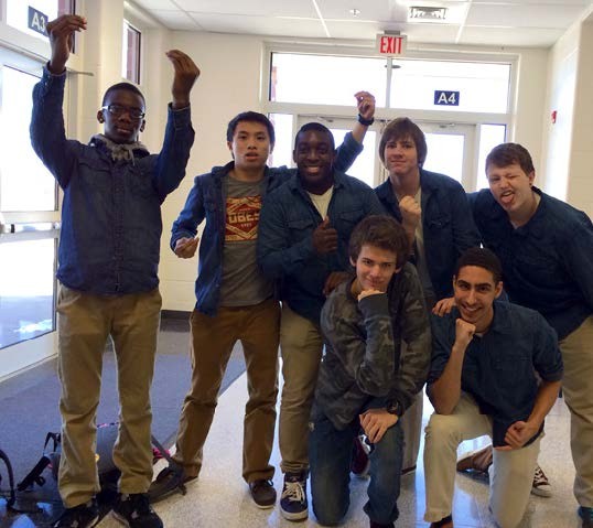 The Acafellaz, an all-male a capella group made up of Tuscarora students, pose outside the auditorium. Photo by Laura Chavez
