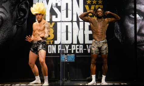 Nov 27, 2020; Los Angeles, CA, USA; Jake Paul (left) and Nate Robinson (right) weigh in for a cruiserweight boxing bout in Los Angeles.  Mandatory Credit: Lynn Millspaugh/Handout Photo via USA TODAY Sports